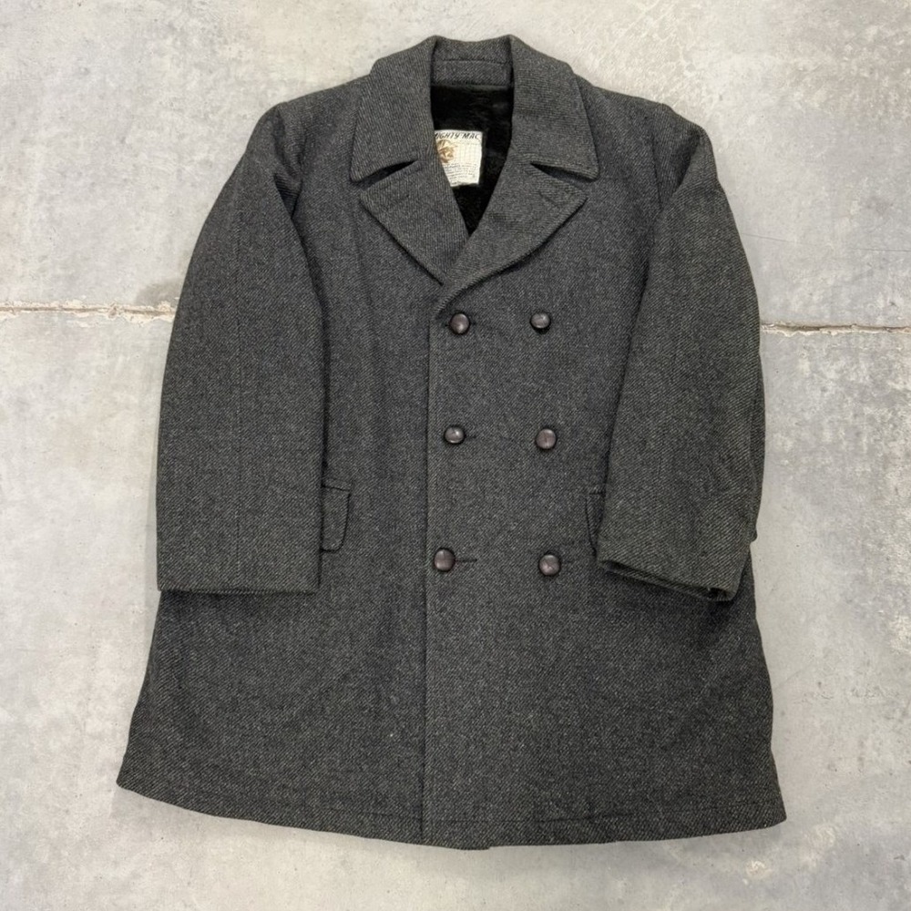 Vintage mighty mac Charcoal Grey Wool Double Breasted Pea Coat Faux Fur Lined